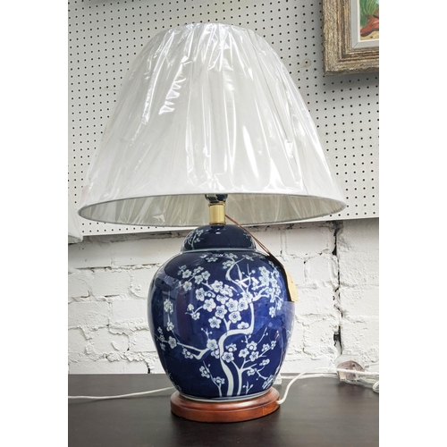 528 - LAUREN RALPH LAUREN TABLE LAMPS, a pair, 60cm H, Chinese style, blue and white ceramic, with shades.... 