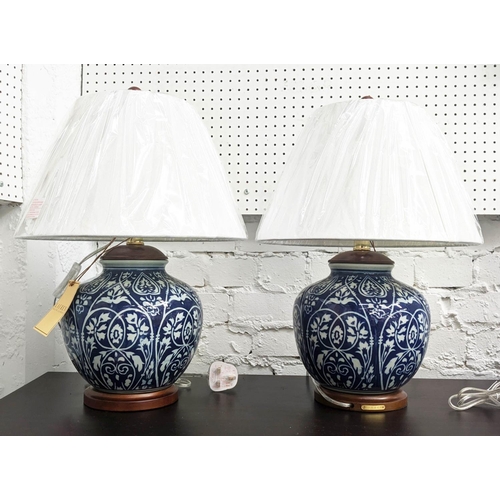 530 - LAUREN RALPH LAUREN TABLE LAMPS, a pair, 51cm H, blue and white ceramic, with shades. (2)