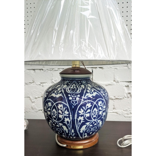 530 - LAUREN RALPH LAUREN TABLE LAMPS, a pair, 51cm H, blue and white ceramic, with shades. (2)