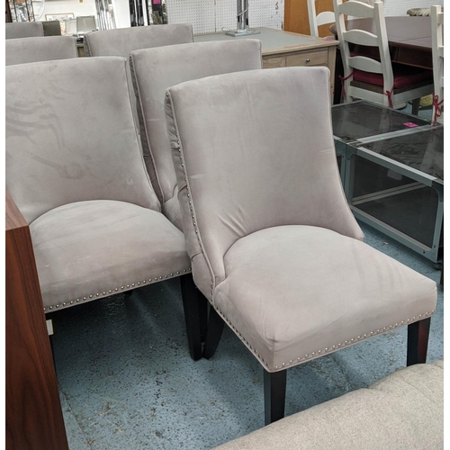 545 - DINING CHAIRS, each 56cm W x 97cm H, a set of six, grey buttoned backs studded detail.