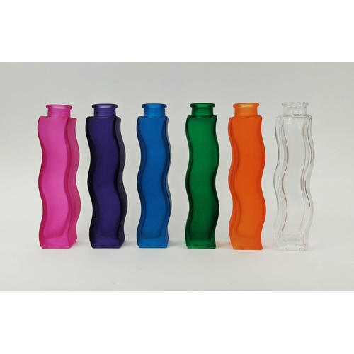 593 - SIX COLOURED BOTTLES, 22cm H, serpentine form and identical shape, late 20th century.