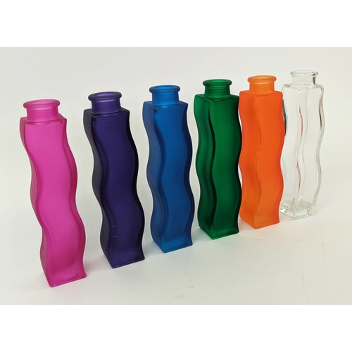 593 - SIX COLOURED BOTTLES, 22cm H, serpentine form and identical shape, late 20th century.