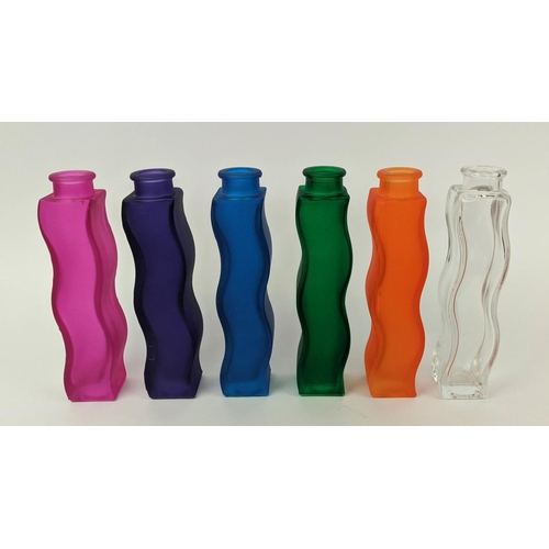 593 - SIX COLOURED BOTTLES, 22cm H, serpentine form and identical shape, late 20th century.