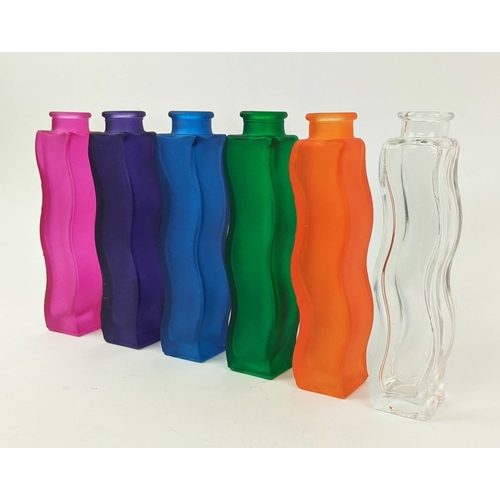 593 - SIX COLOURED BOTTLES, 22cm H, serpentine form and identical shape, late 20th century.