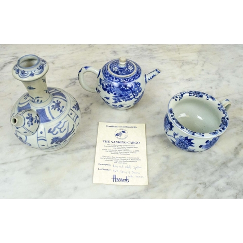 6 - NANKING CARGO, circa 1751, three pieces of blue and white porcelain including a spuugpot (vomit pot)... 