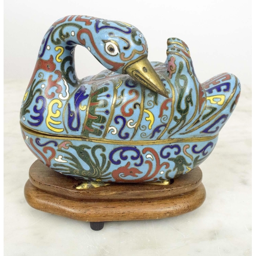1 - CLOISONNE DUCK BOXES, a pair, on shaped wooden stands, 14cm x 14cm. (2)