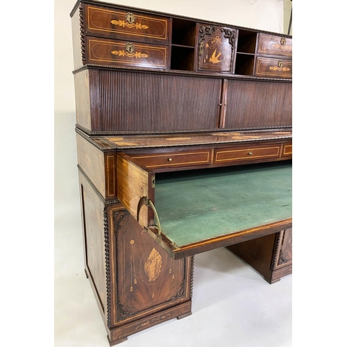 128 - DUTCH SECRETAIRE/DESK, 19th century Dutch mahogany and all over foliate satinwood inlaid with drawer... 