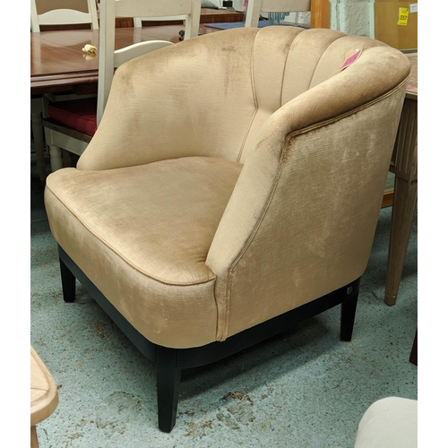 553 - BUTTONED BACK TUB ARMCHAIR, 85cm W x 90cm H in gold chenile.