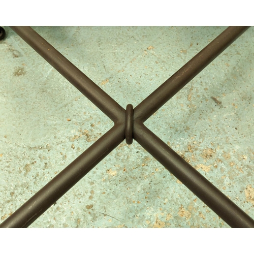 556 - OKA SIDE TABLES, 60cm W x 60cm D x 62cm H, a pair, glass and metal.