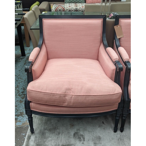 557 - BERGERES, a pair, each 76cm W, blue/grey show frame and peach ribbed upholstery.