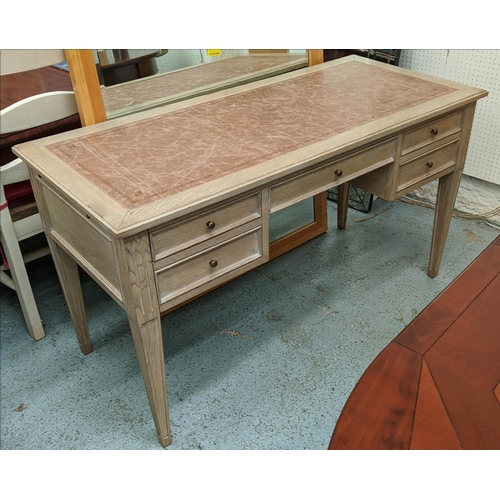 558 - DESK, 135cm W x 60cm D x 76cm H, limed oak with inlaid leather writing surface.