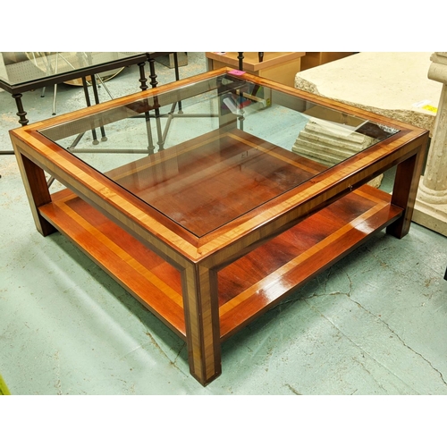 561 - LOW TABLE, 110cm W x 110cm D x 46cm H, olive and apple wood, with glass top.