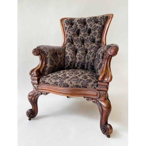 143 - ARMCHAIR, Victorian mahogany with buttoned oak leaf woven fabric and silk rope upholstery with carve... 