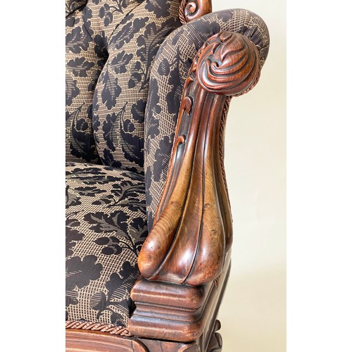 143 - ARMCHAIR, Victorian mahogany with buttoned oak leaf woven fabric and silk rope upholstery with carve... 