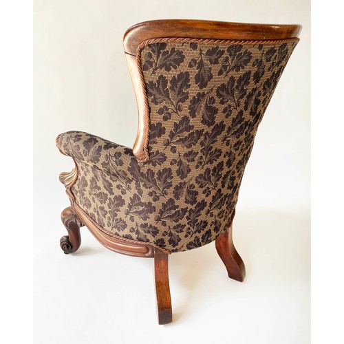 143 - ARMCHAIR, Victorian mahogany with buttoned oak leaf woven fabric and silk rope upholstery with carve... 