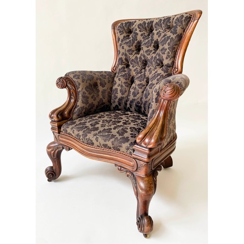 143 - ARMCHAIR, Victorian mahogany with buttoned oak leaf woven fabric and silk rope upholstery with carve... 