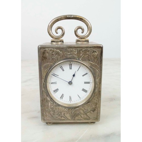 9 - MINIATURE FRENCH CARRIAGE CLOCK, 9.25 silver, 1906, engraved decoration, a large French St Medard si... 