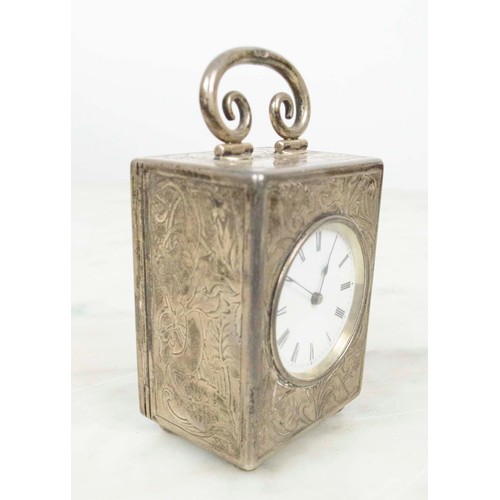 9 - MINIATURE FRENCH CARRIAGE CLOCK, 9.25 silver, 1906, engraved decoration, a large French St Medard si... 