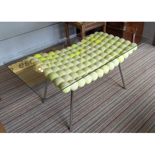 535 - STOOL/LOW TABLE, tennis ball design, loose glass top, 110cm x 55cm x 52cm approx.