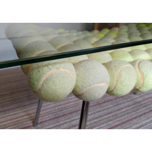 535 - STOOL/LOW TABLE, tennis ball design, loose glass top, 110cm x 55cm x 52cm approx.