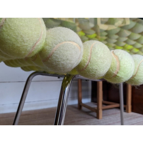 535 - STOOL/LOW TABLE, tennis ball design, loose glass top, 110cm x 55cm x 52cm approx.