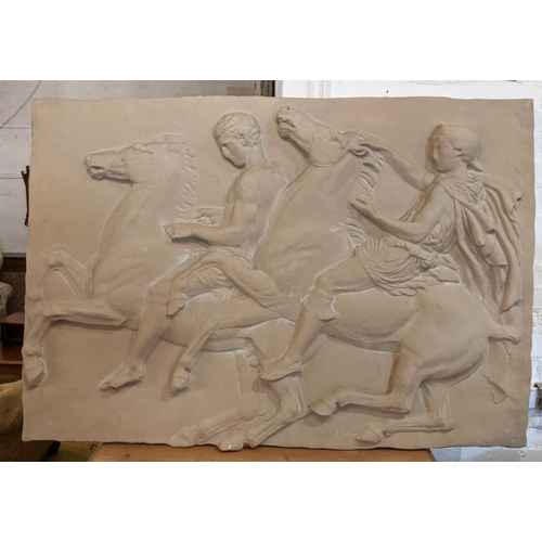 568 - WALL PLAQUE, 141cm W x 98cm H Classical style of two Horsemen.