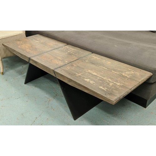 539 - LOW TABLE, 158cm x 50cm x 41cm, industrial style metal base plank top.