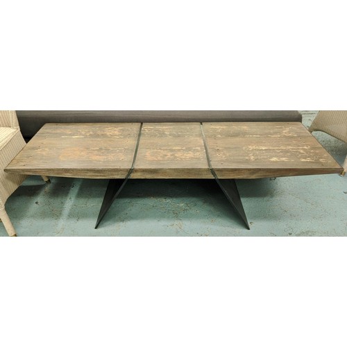 539 - LOW TABLE, 158cm x 50cm x 41cm, industrial style metal base plank top.