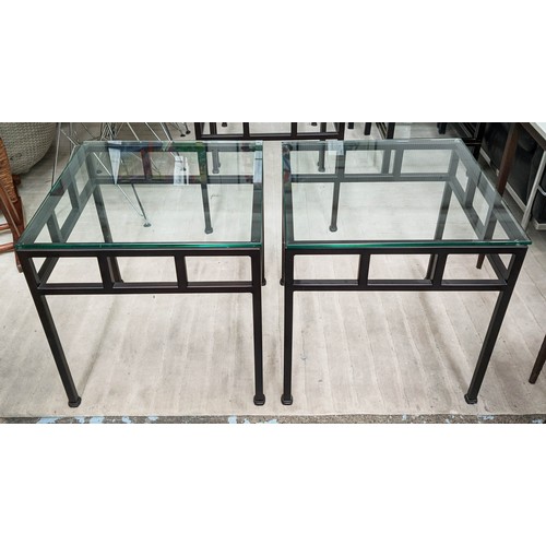 566 - PAIR OF GLASS AND METAL SIDE TABLES, each 51cm W x 51cm D x 51cm H, from Tom Faulkner. (2)