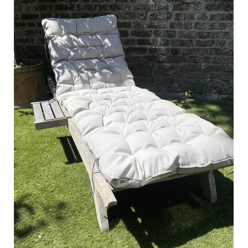 590 - BARLOW TYRIE GARDEN SUN LOUNGER, weathered slatted teak fully, adjustable with wheels, drinks tray a... 