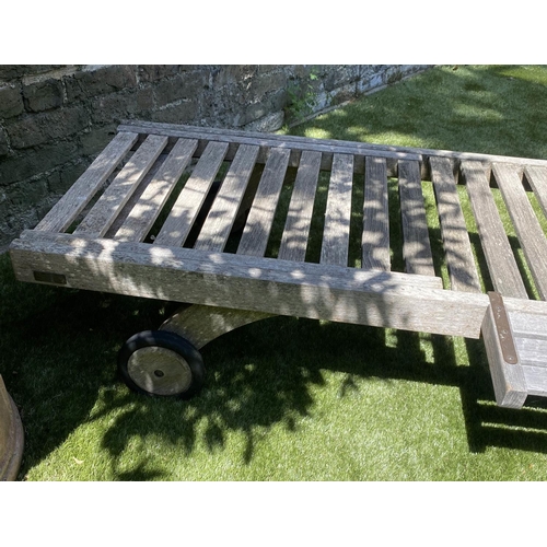 590 - BARLOW TYRIE GARDEN SUN LOUNGER, weathered slatted teak fully, adjustable with wheels, drinks tray a... 