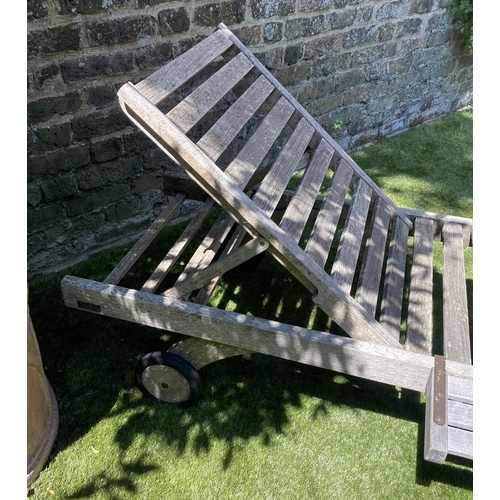 590 - BARLOW TYRIE GARDEN SUN LOUNGER, weathered slatted teak fully, adjustable with wheels, drinks tray a... 