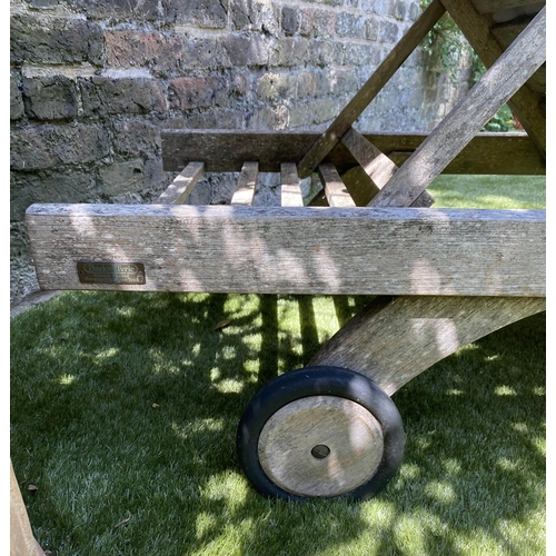 590 - BARLOW TYRIE GARDEN SUN LOUNGER, weathered slatted teak fully, adjustable with wheels, drinks tray a... 