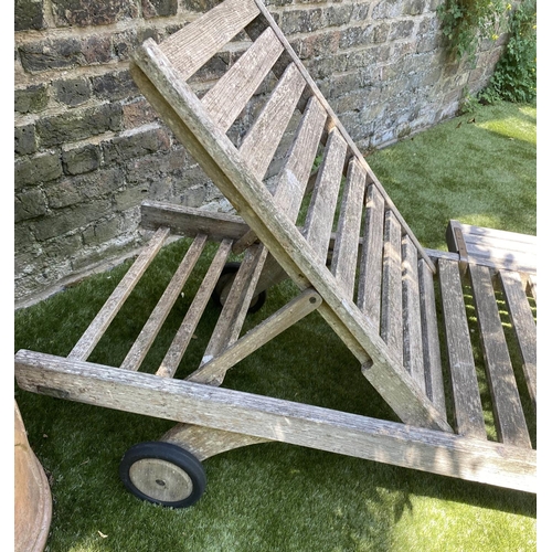 591 - BARLOW TYRIE GARDEN SUN LOUNGER, weathered slatted teak fully, adjustable with wheels, drinks tray a... 