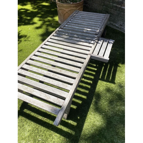 591 - BARLOW TYRIE GARDEN SUN LOUNGER, weathered slatted teak fully, adjustable with wheels, drinks tray a... 