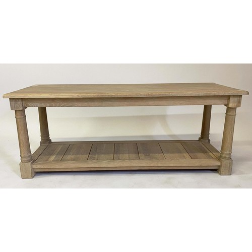 611 - NEPTUNE LOW TABLE, rectangular solid oak with undertier and turned columns, 120cm W x 42cm D x 47cm ... 