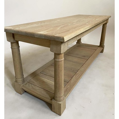 611 - NEPTUNE LOW TABLE, rectangular solid oak with undertier and turned columns, 120cm W x 42cm D x 47cm ... 