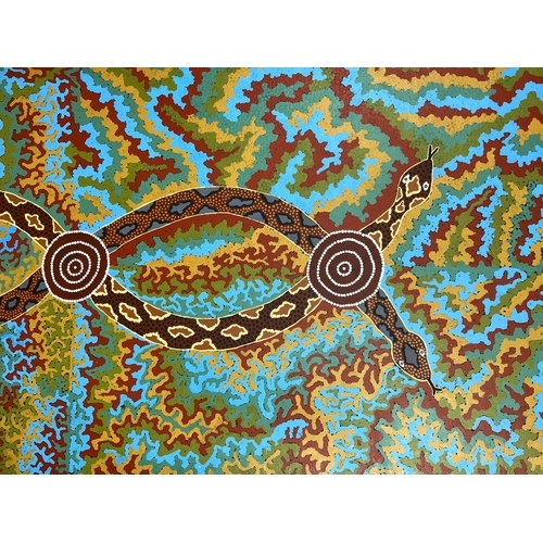 49 - 20th CENTURY ABORIGINAL SCHOOL 'Entwined Snakes', oil on canvas, 204cm x 84cm.
