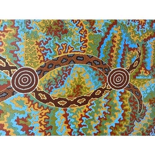 49 - 20th CENTURY ABORIGINAL SCHOOL 'Entwined Snakes', oil on canvas, 204cm x 84cm.