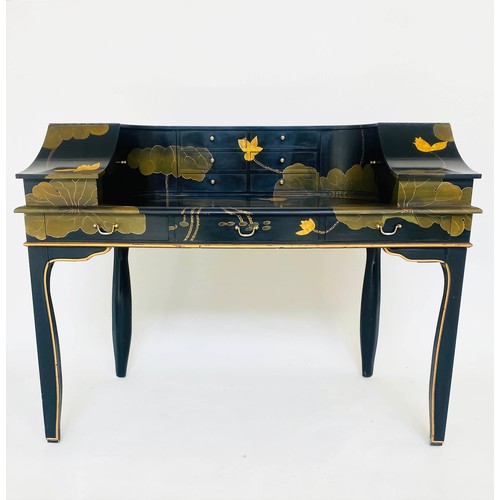 258 - CARLTON HOUSE STYLE DESK, lacquered with all over foliate and gilt decoration containing nine drawer... 