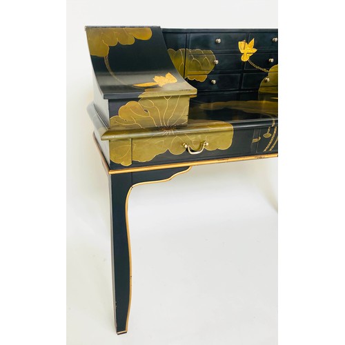 258 - CARLTON HOUSE STYLE DESK, lacquered with all over foliate and gilt decoration containing nine drawer... 