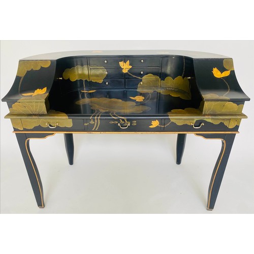 258 - CARLTON HOUSE STYLE DESK, lacquered with all over foliate and gilt decoration containing nine drawer... 