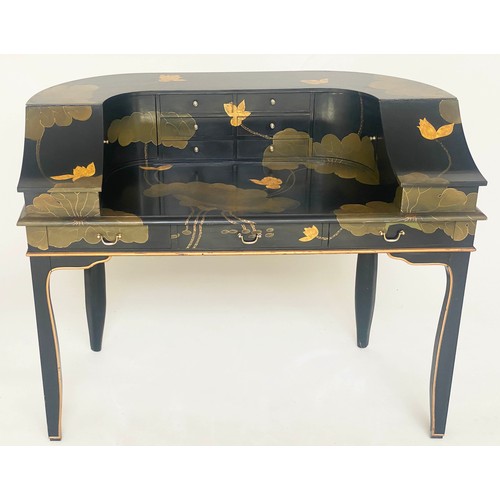 258 - CARLTON HOUSE STYLE DESK, lacquered with all over foliate and gilt decoration containing nine drawer... 