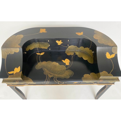 258 - CARLTON HOUSE STYLE DESK, lacquered with all over foliate and gilt decoration containing nine drawer... 