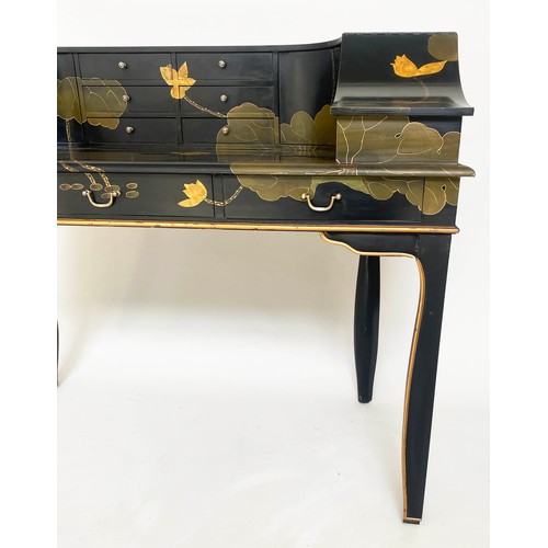 258 - CARLTON HOUSE STYLE DESK, lacquered with all over foliate and gilt decoration containing nine drawer... 