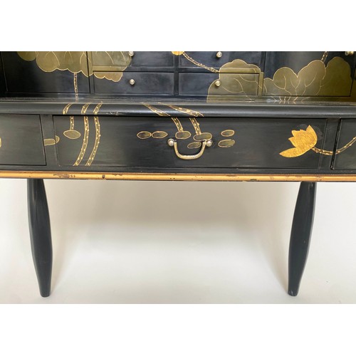 258 - CARLTON HOUSE STYLE DESK, lacquered with all over foliate and gilt decoration containing nine drawer... 