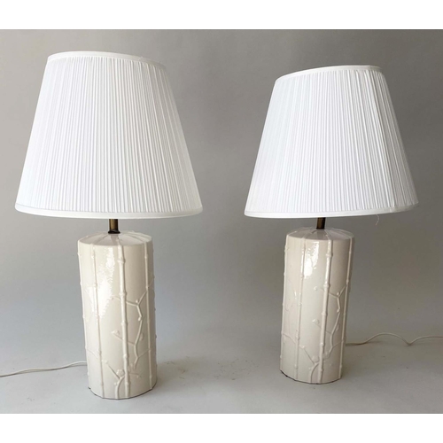 150 - TABLE LAMPS, a pair, Spanish Casa Pupa style white ceramic cylindrical climbing bamboo decoration wi... 