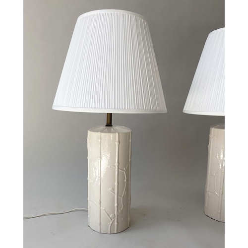 150 - TABLE LAMPS, a pair, Spanish Casa Pupa style white ceramic cylindrical climbing bamboo decoration wi... 