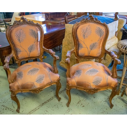 337 - FAUTEUILS, a pair, each 63cm x 110cm, late 19th century Italian walnut in  Versus Copper leaf patter... 