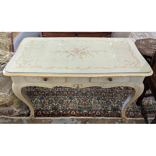 335 - BUREAU PLAT, 116cm W x 76cm H x 62cm D French Provincial Louis XV style distressed painted and flora... 